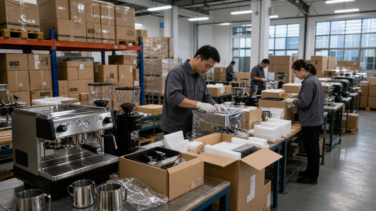 Coffee shop equipment packing image for China sourcing case study