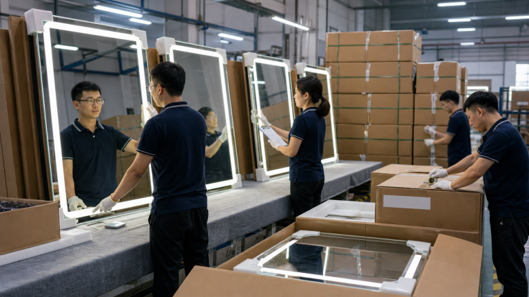 LED bathroom mirror inspection and packing image for China sourcing case study