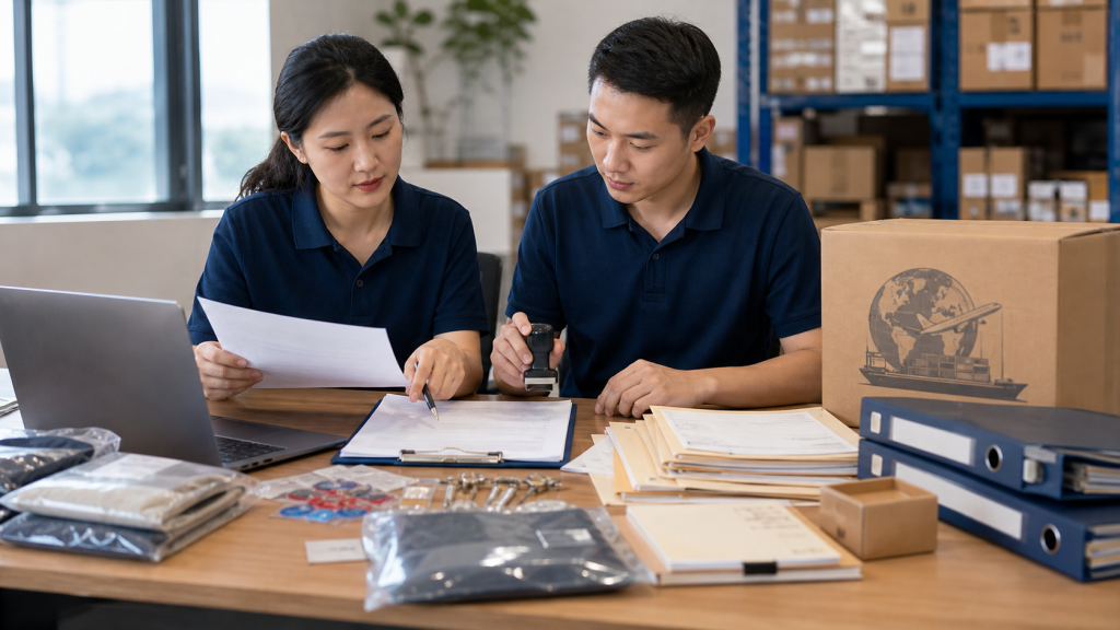Procurement team checking export documents, product details, and compliance records