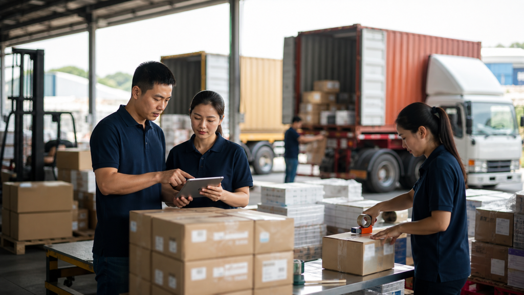 Logistics team coordinating cartons and shipment planning for China export orders