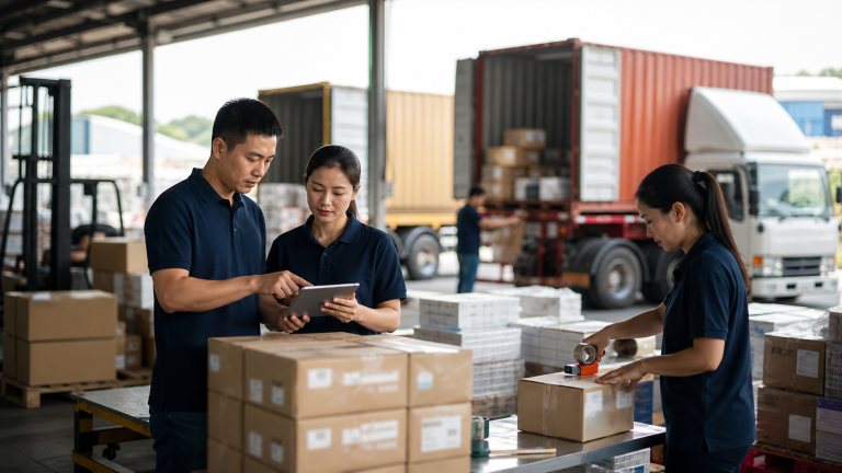 Logistics team coordinating cartons and shipment planning for China export orders