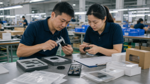 Procurement team checking product samples and quality evidence before shipment